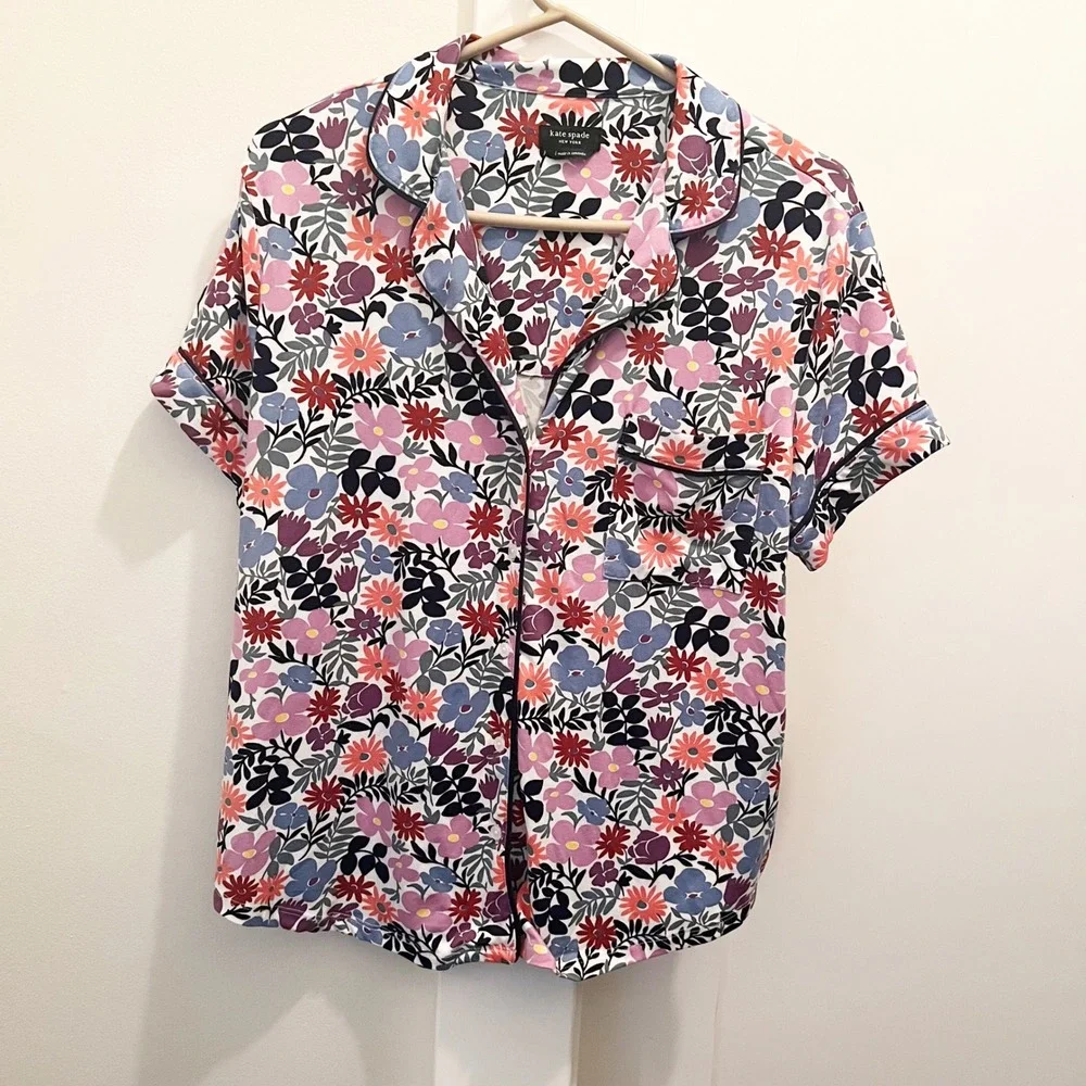 Kate Spade Floral Pajama Top Large Button Front‎ Colorful Short Sleeve Lounge